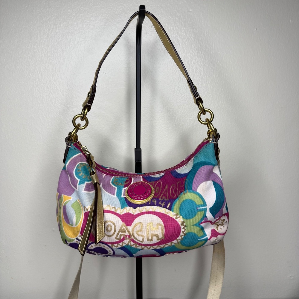 Coach Graffiti Print Shoulder Bag Khaki‎ Multicolor Canvas